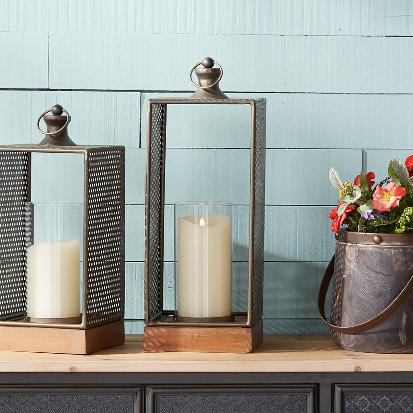 Punched Metal Candle Holder with Wooden Base 17.25"H