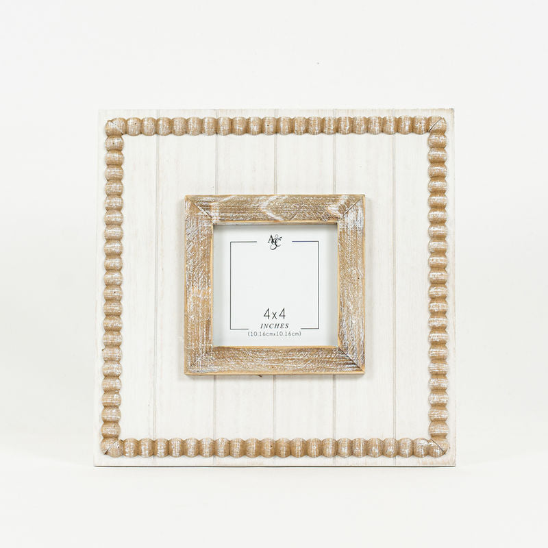 10" X 10" X 1.5" Wood Beaded Photo Frame, Natural/White (4X4)