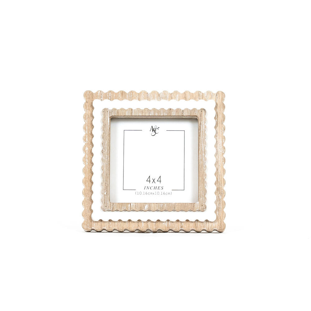 6" X 6" X 1" Wood Photo Framed (Scallop) Natural/White (4x4)