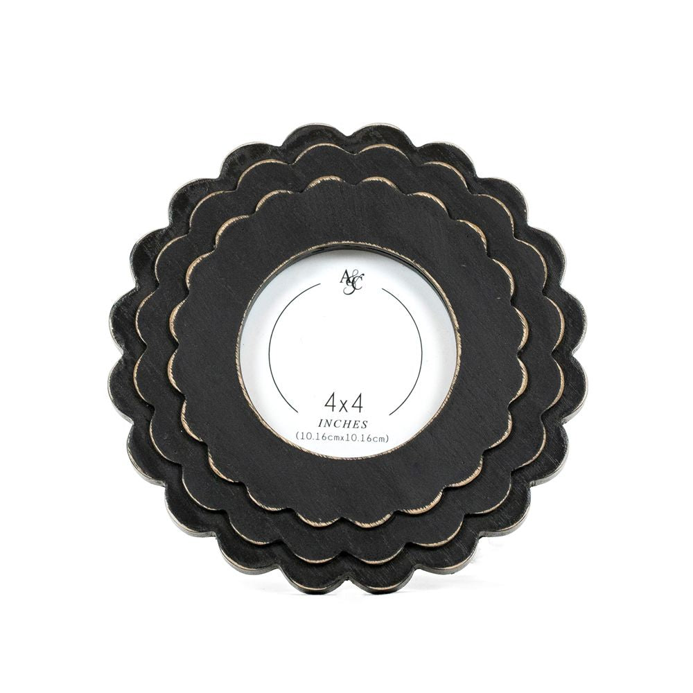 8x8x1 Wood Scallop Photo Frame(ROUND) (4x4) Black