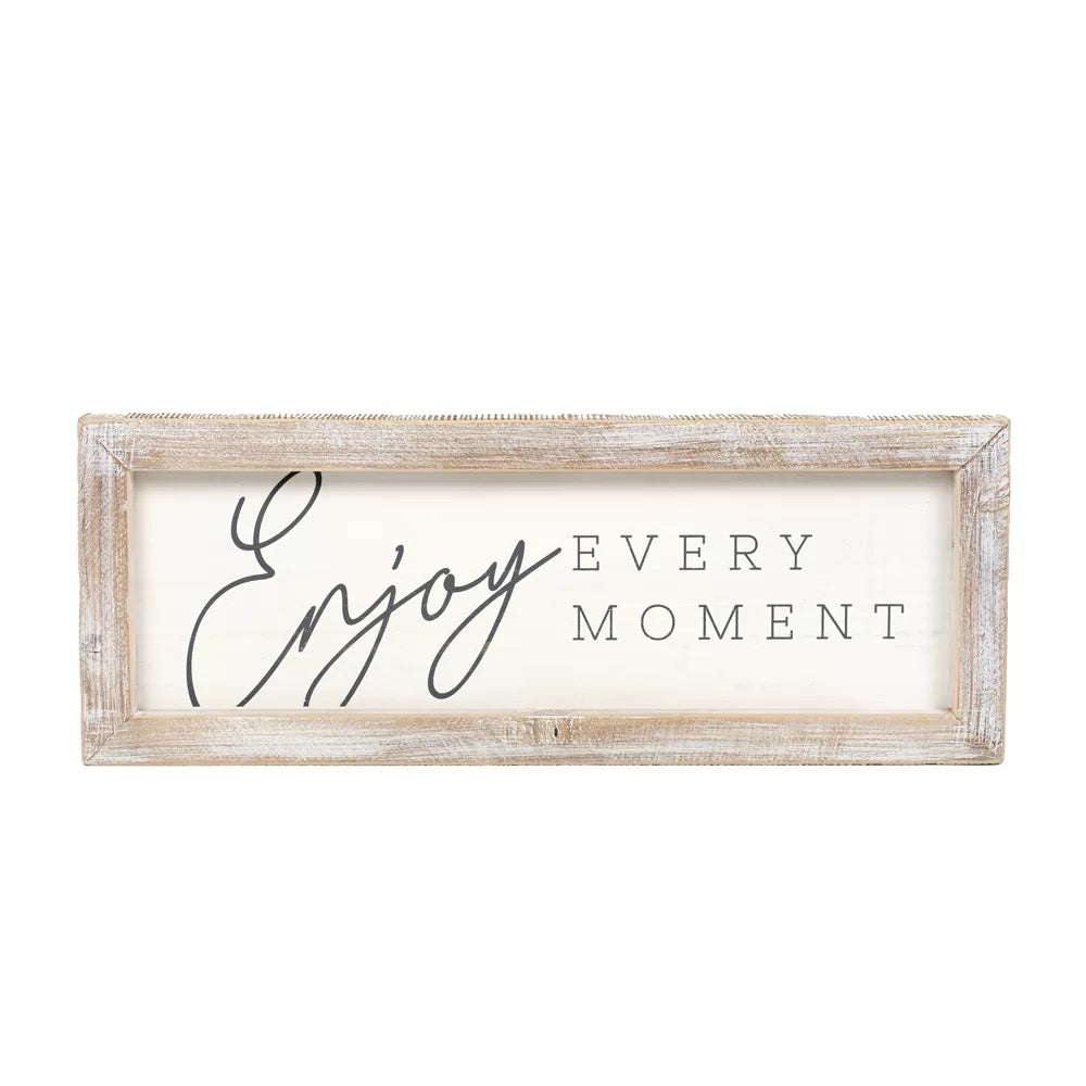 24" x 9" x 2" Reversible Wood Framed Sign (Worry Less. Love More/Enjoy Every Moment) White/Grey/Tan