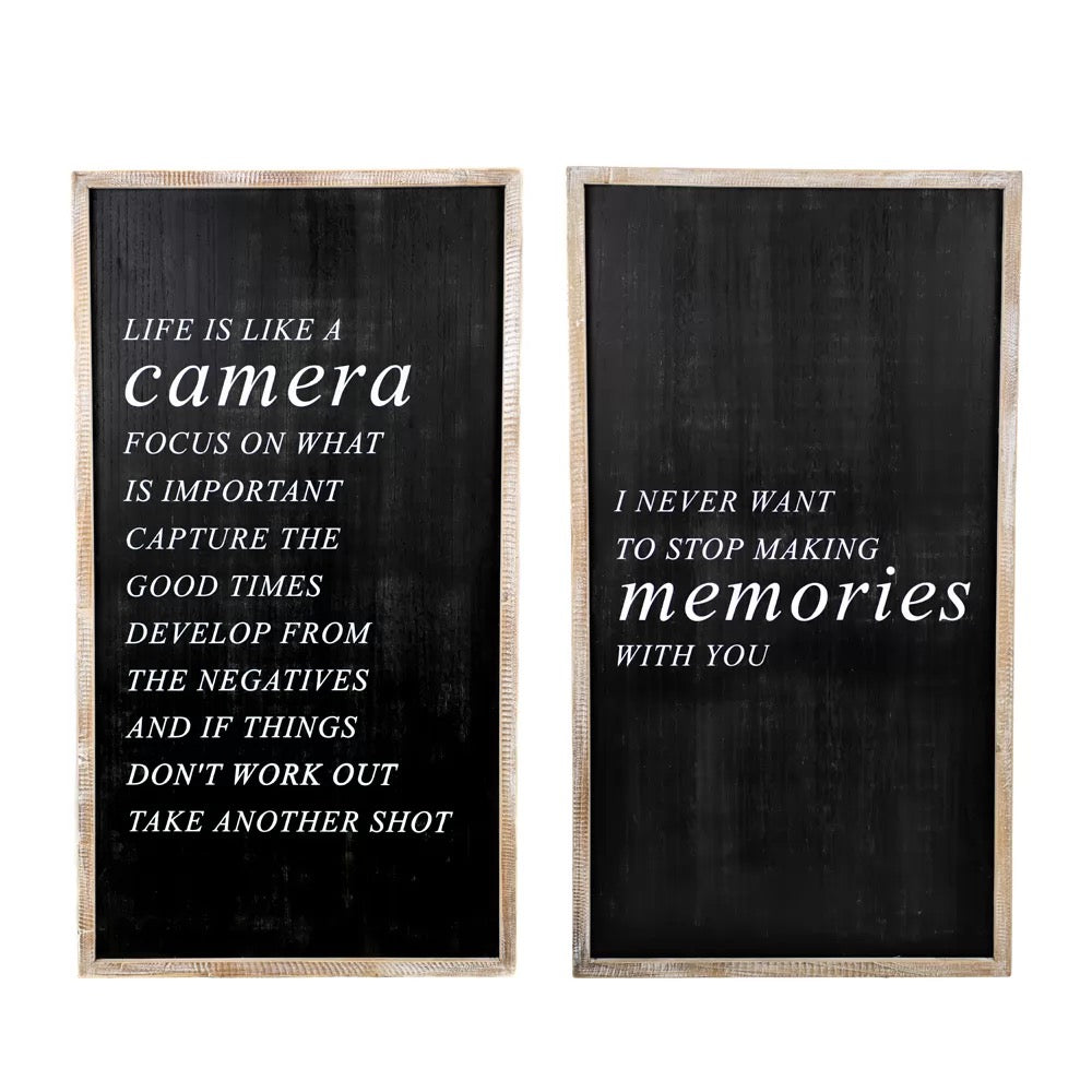 20" X 37" X 1.5" Reversible Wood Framed Sign (Camera/Memories) Black/White