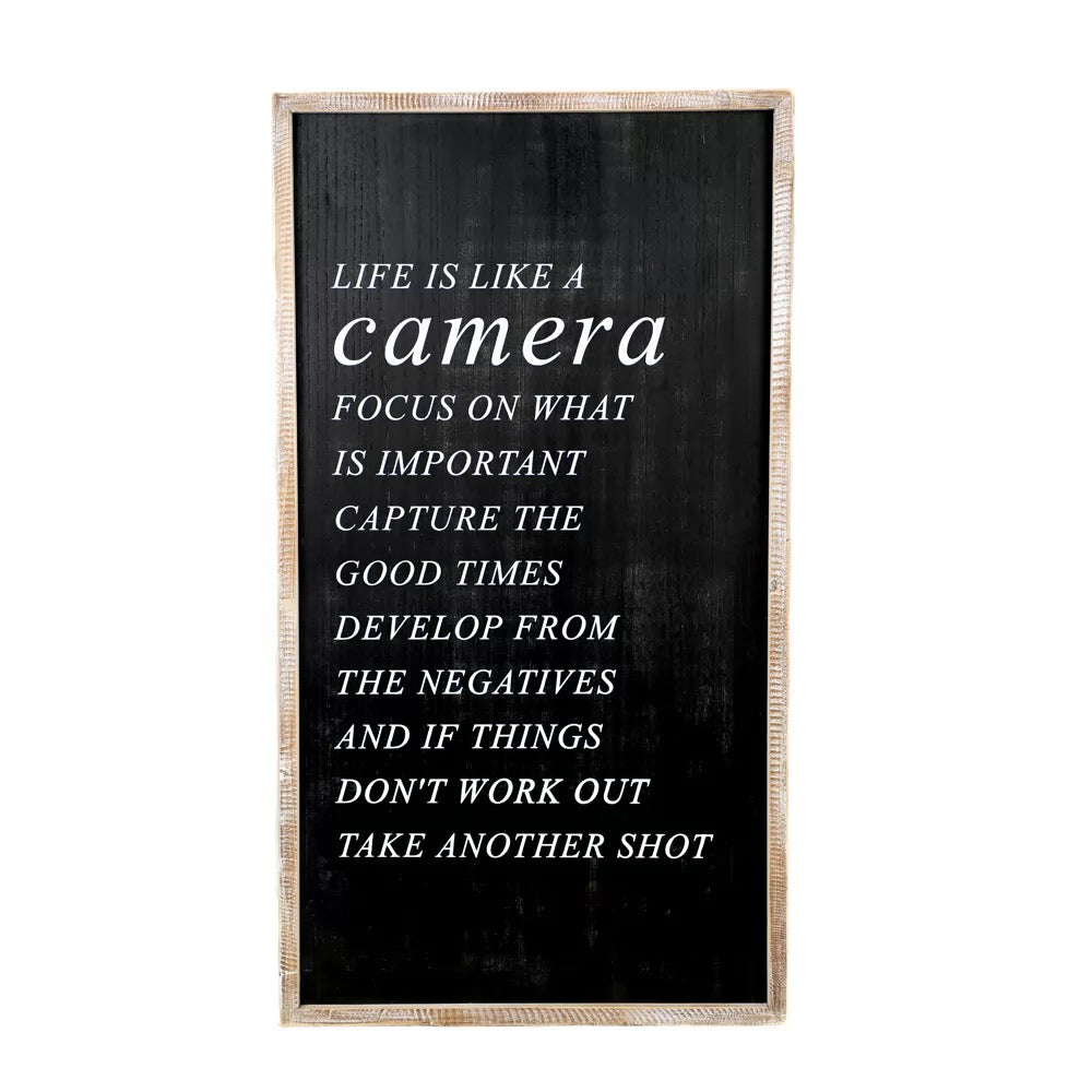 20" X 37" X 1.5" Reversible Wood Framed Sign (Camera/Memories) Black/White
