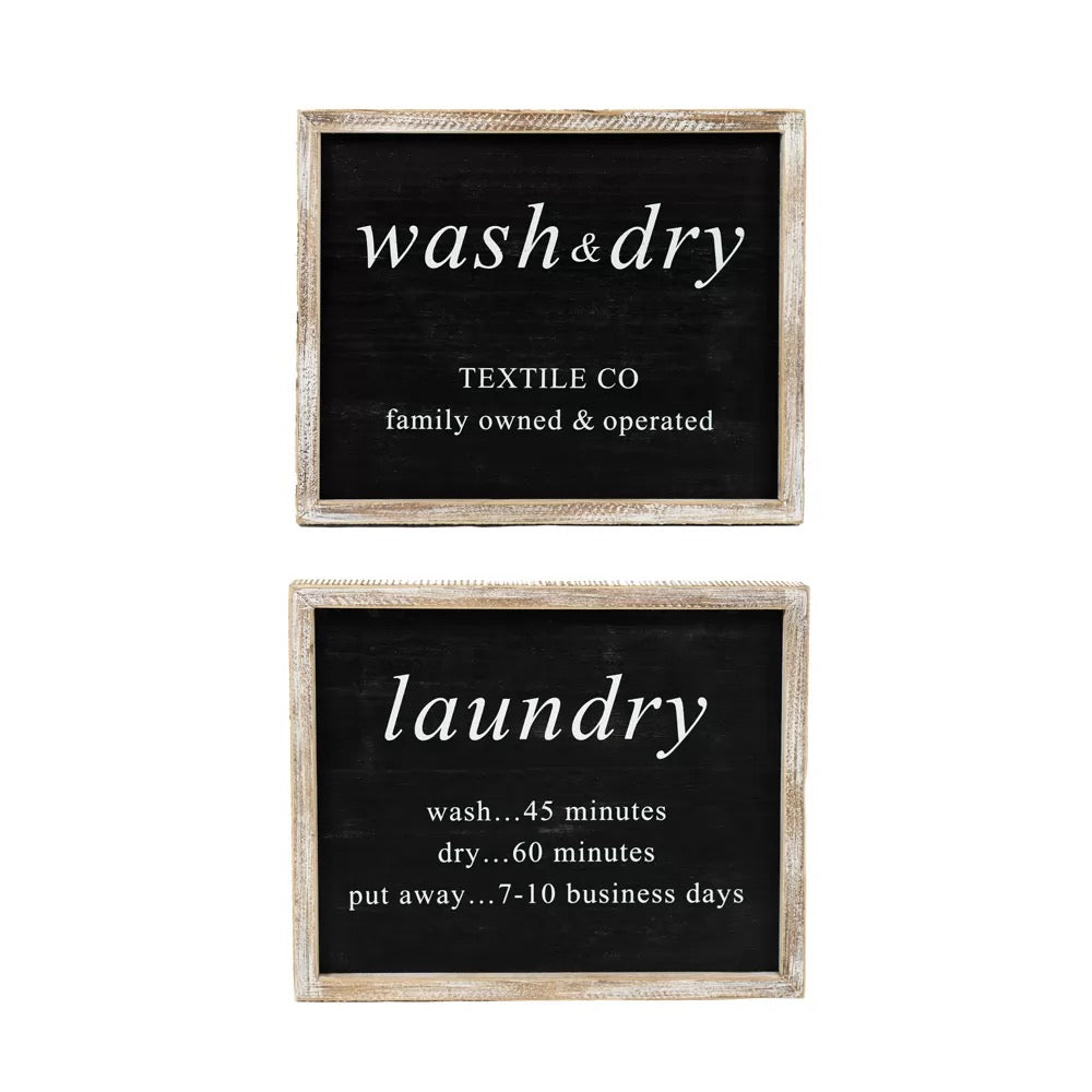 12" X 10" X 1.5" Reversible Wood Framed Sign (Laundry/Wash & Dry) Black/White