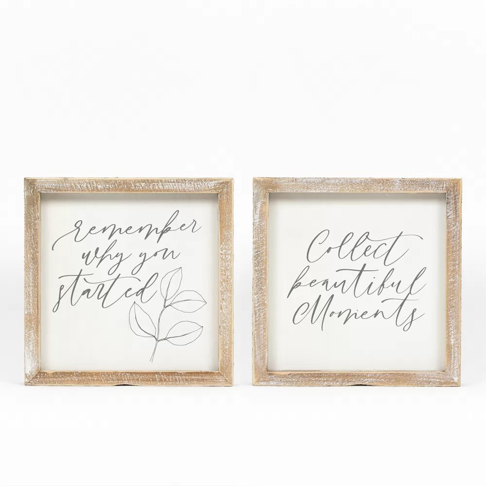 8" X 8" X 1.5" Reversible Wood Framed Sign (Moments/Started) White/Gray