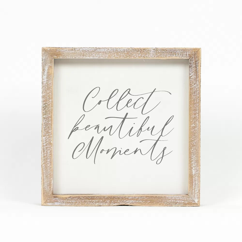 8" X 8" X 1.5" Reversible Wood Framed Sign (Moments/Started) White/Gray