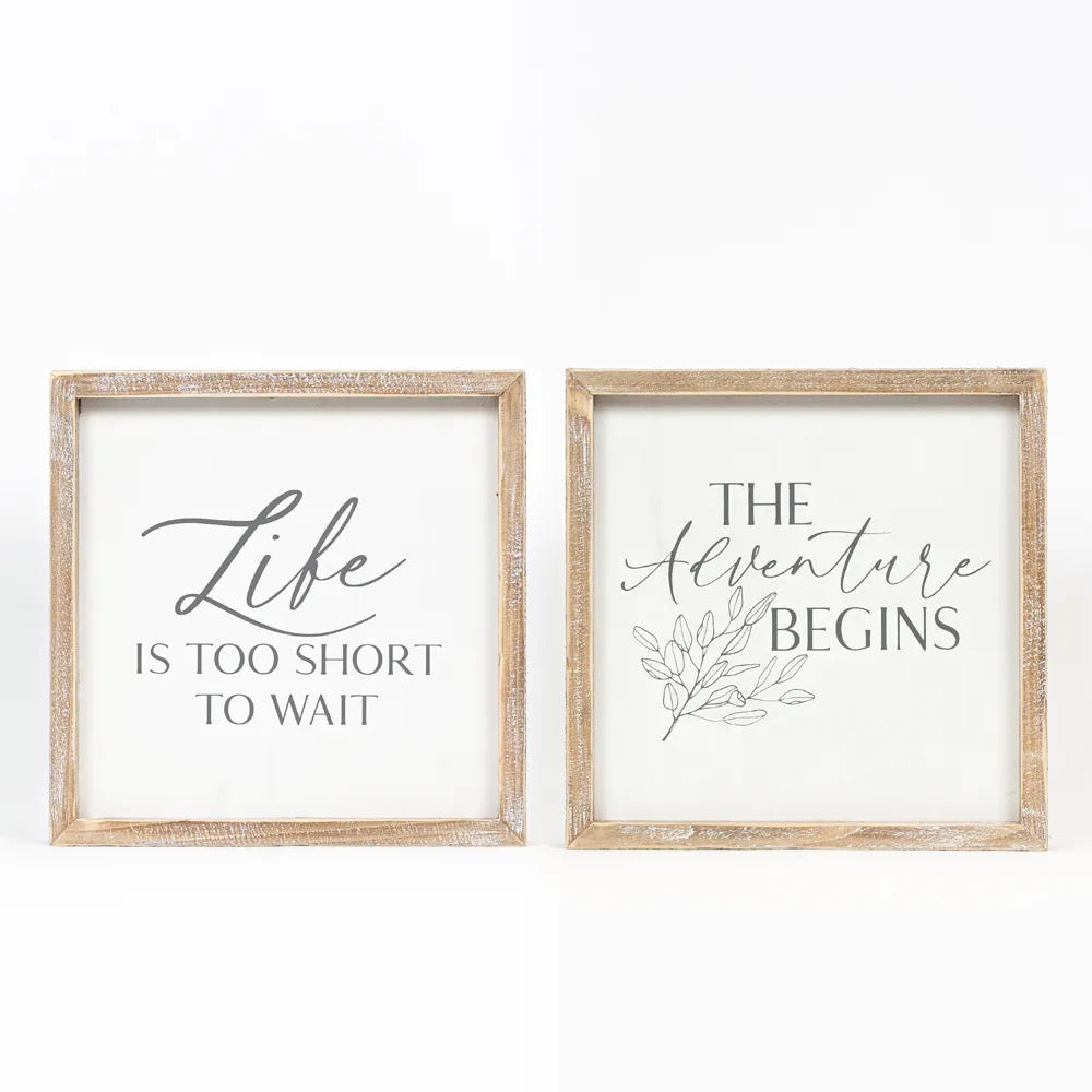 8" X 8" X 1.5" Reversible Wood Framed Sign (Adventure/Life) White/Gray
