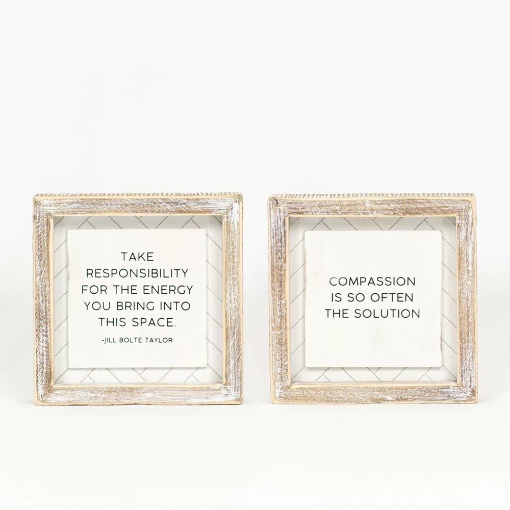 6" X 6" X 1.5" Reversible Wood Framed Herringbone Sign (Energy/Compassion) White/Black