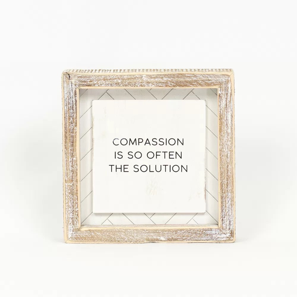 6" X 6" X 1.5" Reversible Wood Framed Herringbone Sign (Energy/Compassion) White/Black