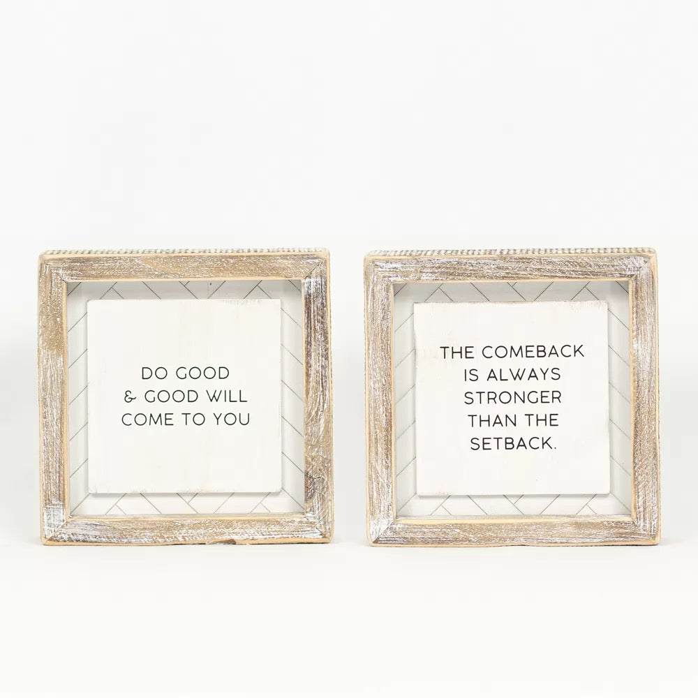 6" X 6" X 1.5" Reversible Wood Framed Herringbone Sign (Good/Comeback) White/Black