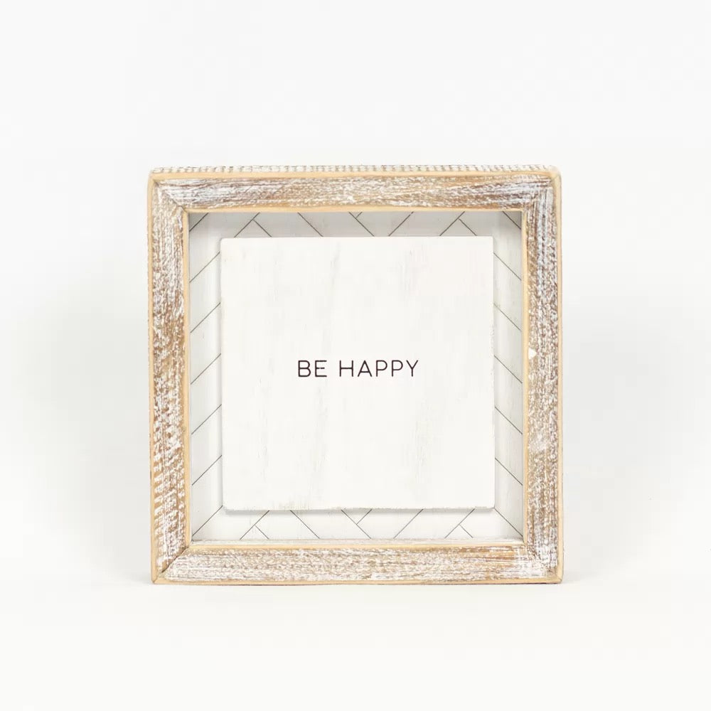 6" X 6" X 1.5" Reversible Wood Framed Herringbone Sign (Happy/Dream) White/Black