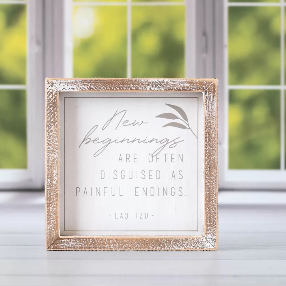 7" X 7" X 1.5" Wood Framed Sign (Beginnings) White/Gray