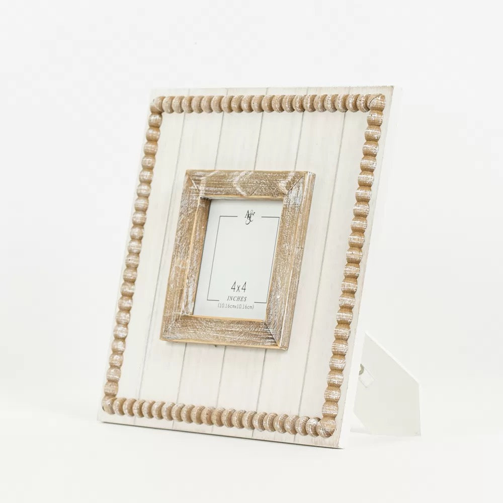 10" X 10" X 1.5" Wood Beaded Photo Frame, Natural/White (4X4)