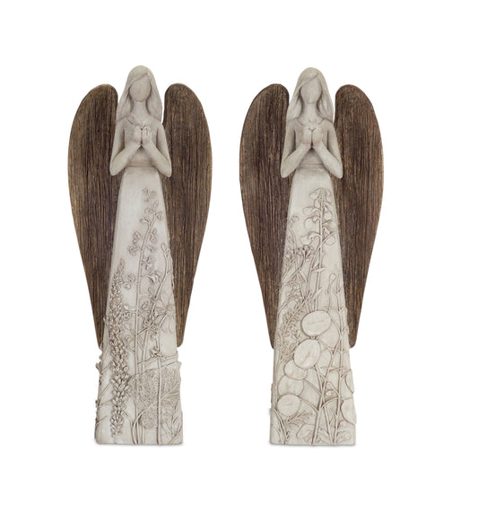 Floral Sculpted Angel with Wood Style Wings 14"H  (Set of 2)