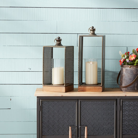 Punched Metal Candle Holder with Wooden Base 20.25"