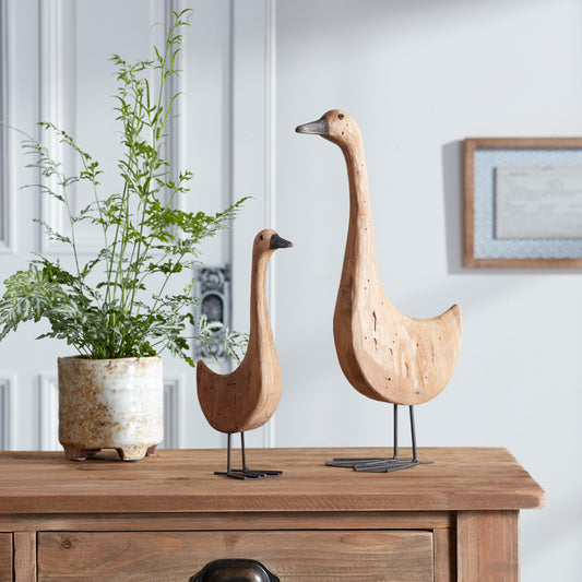 Natural Fir Wood Goose Figurine with Rustic Metal Accents (Set of 2) 17.5"H, 11.5"H