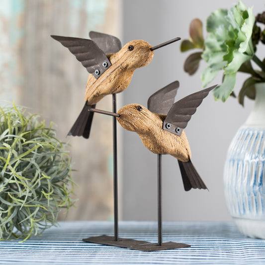 Natural Fir Wood Bird Figurine with Rustic Metal Accents (Set of 2) 8"H, 6.25"H